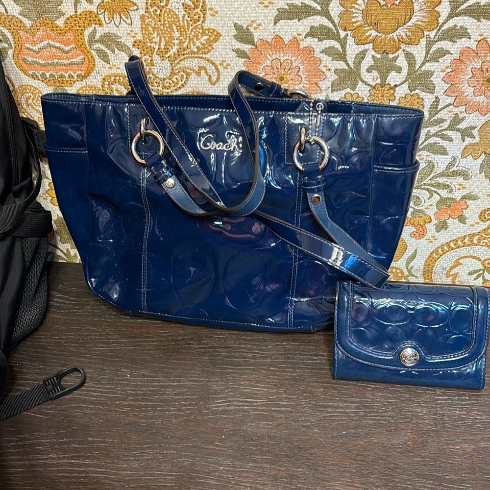 Coach Shiny Blue Patent Handbag and Small Wallet